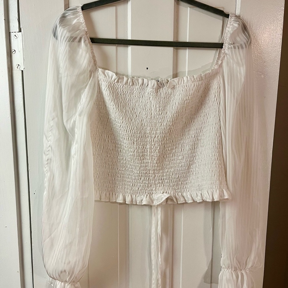 SHEIN White Smocked Square Neck Puff Sleeve Blouse